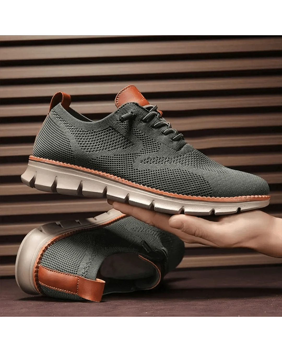 Men's knit trainers in olive green with textured upper and ridged outsole.