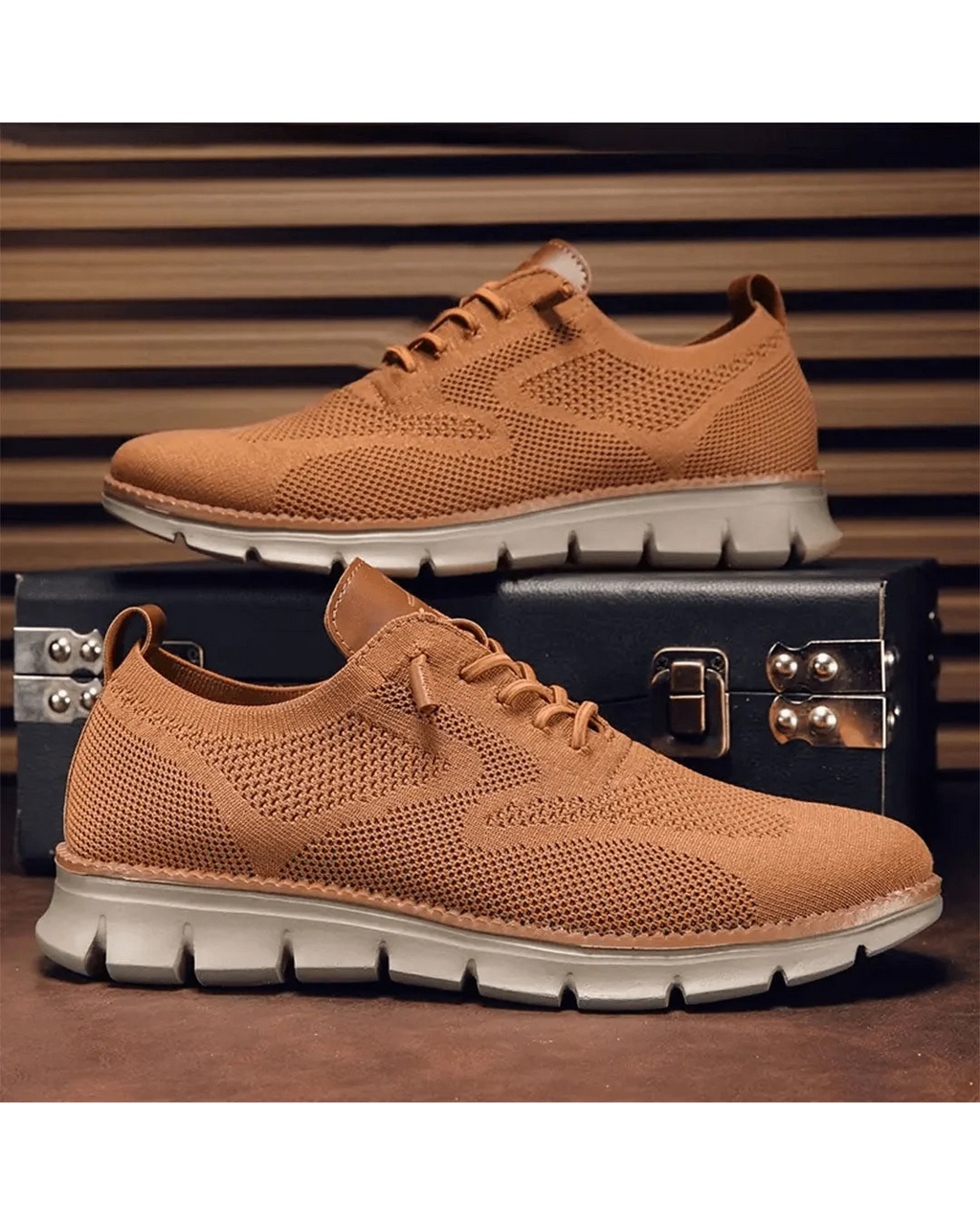 Men's knit trainers in caramel tone with contrast heel tab and flexible sole.