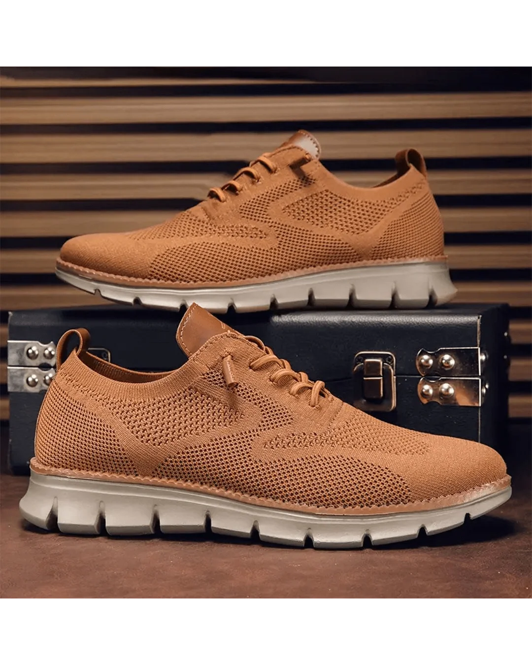 Men's knit trainers in caramel tone with contrast heel tab and flexible sole.