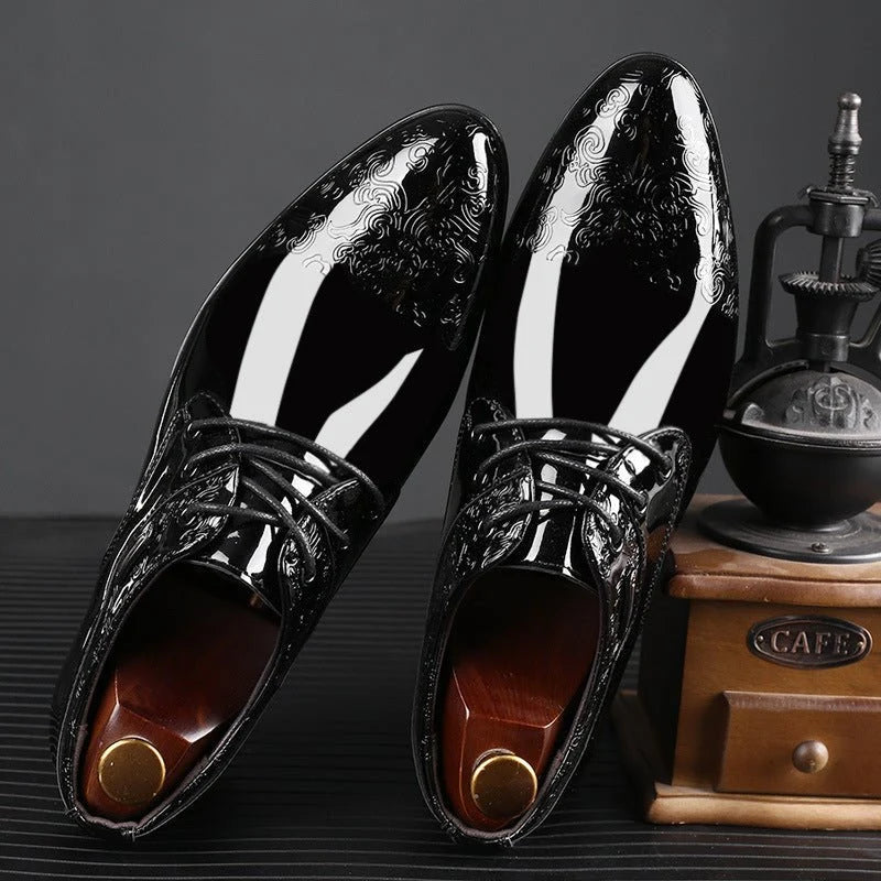 Side view of men's formal Derby shoes showing low rounded heel and sleek silhouette