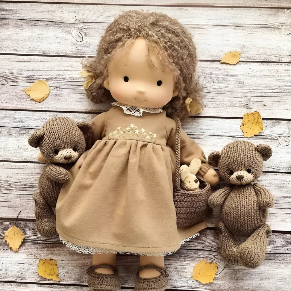 Handmade Waldorf doll with ribbed knit sleeves and gentle design for toddlers