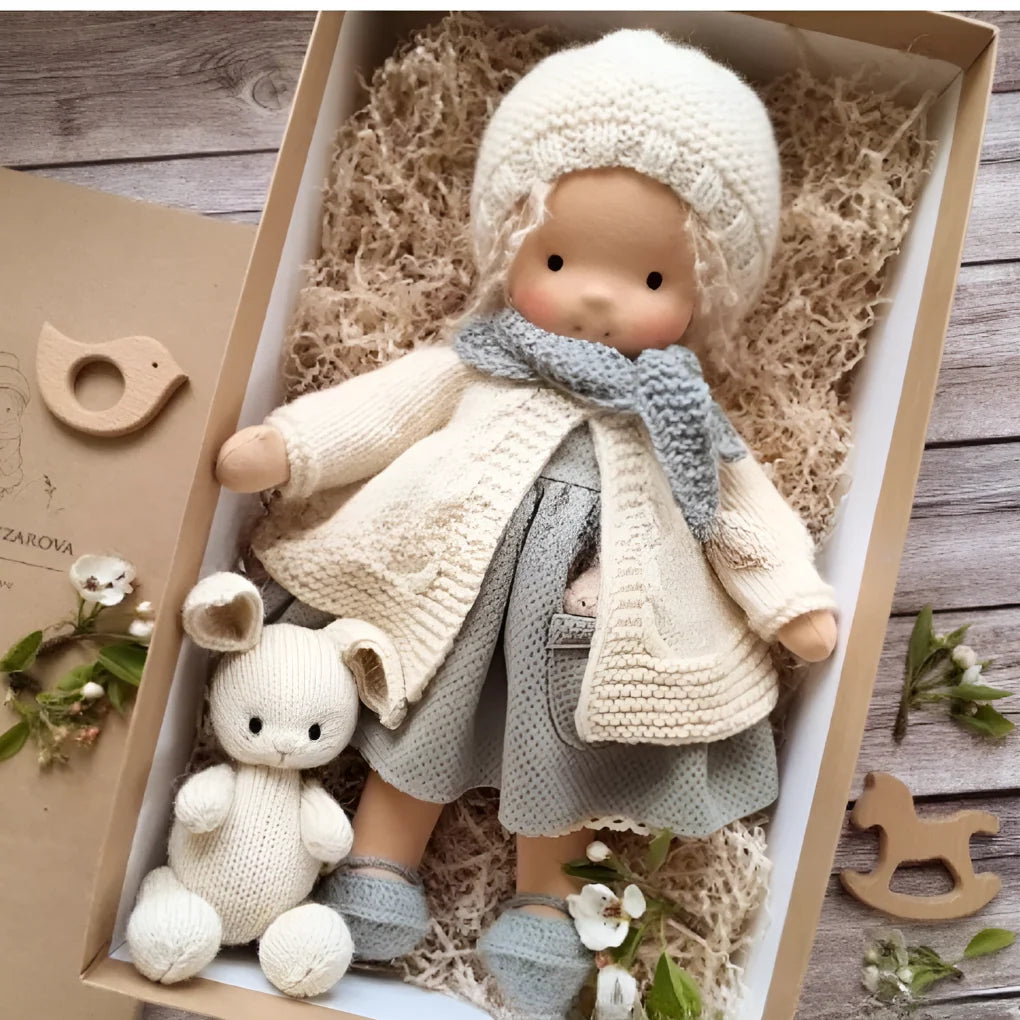 Waldorf doll showing lightweight design and easy care instructions for parents