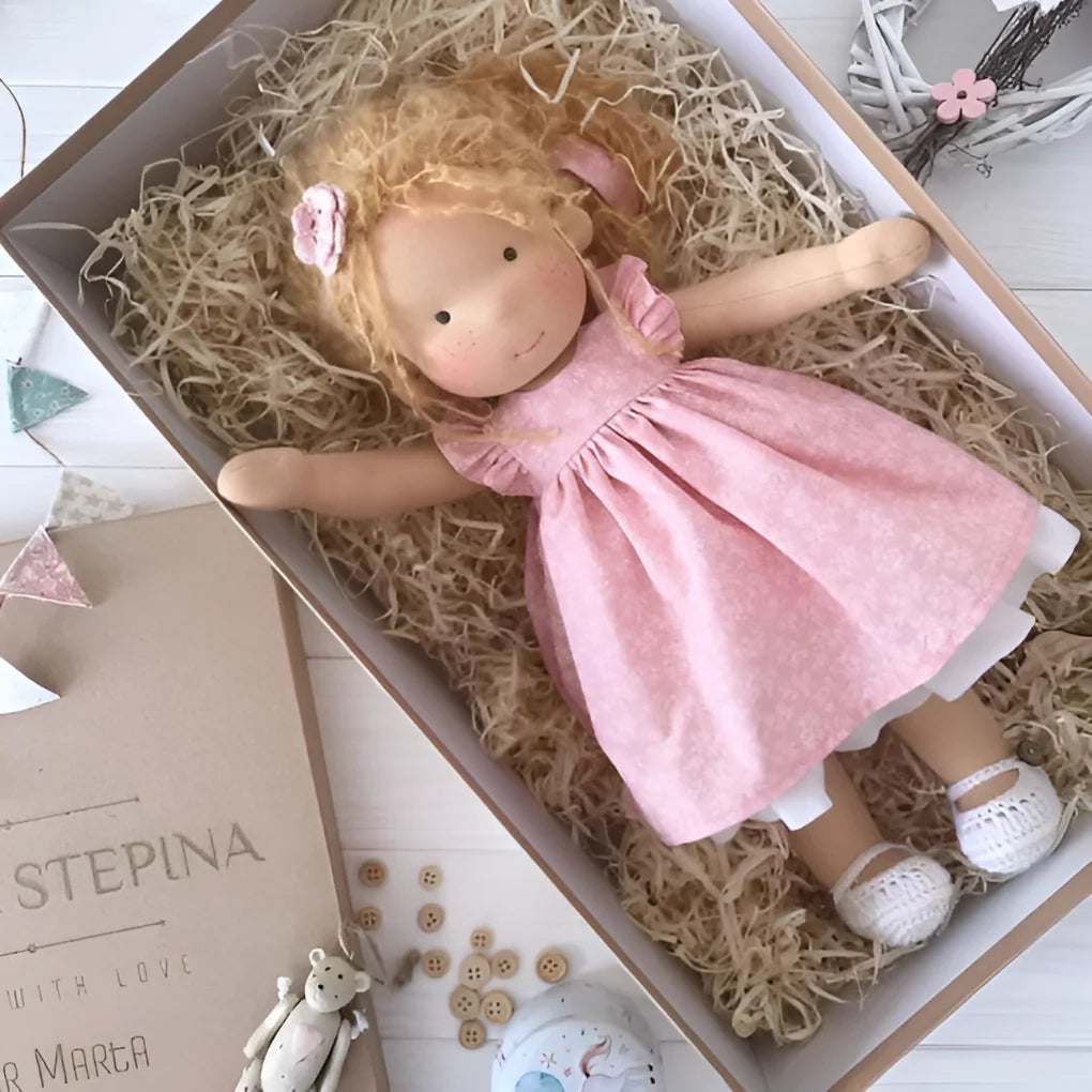 Waldorf doll approximately 35 cm tall with natural cotton and wool composition