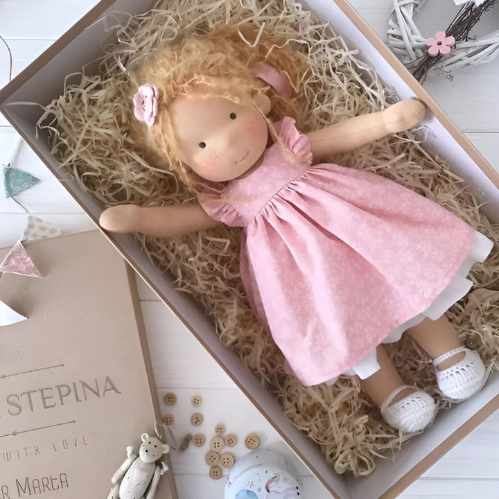 Waldorf doll approximately 35 cm tall with natural cotton and wool composition