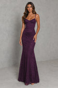 Lace sweetheart maxi dress in deep purple with corset bodice and flowing skirt for formal occasions