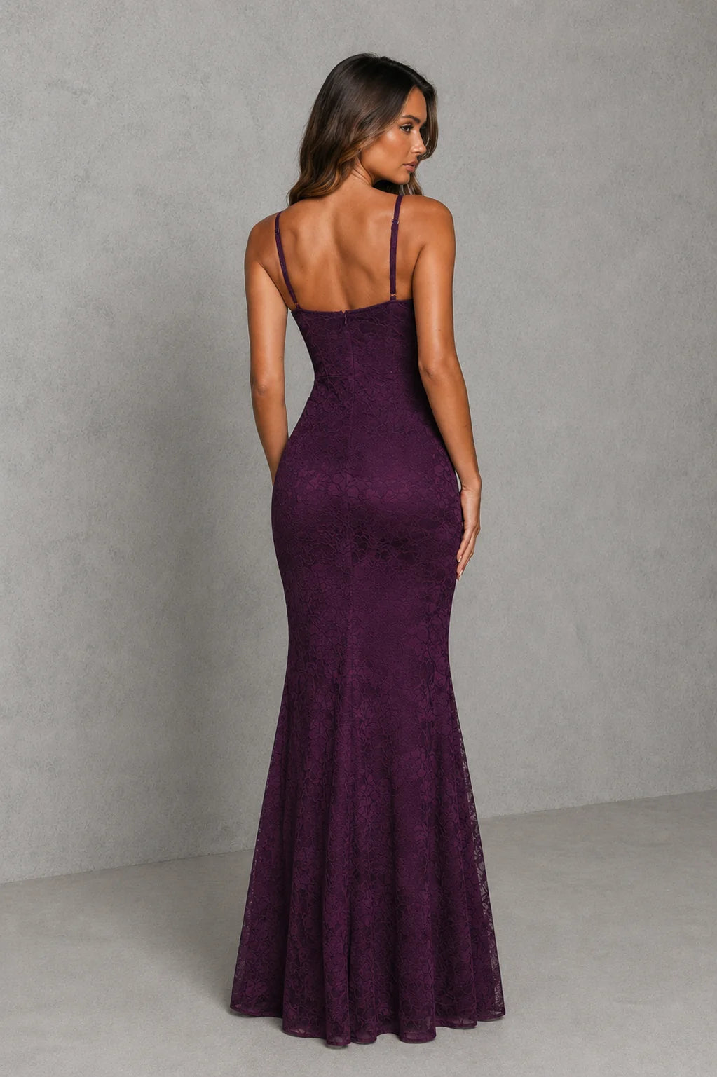 Close-up view of lace sweetheart maxi dress showing scalloped neckline and adjustable straps