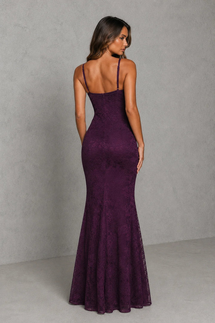 Close-up view of lace sweetheart maxi dress showing scalloped neckline and adjustable straps