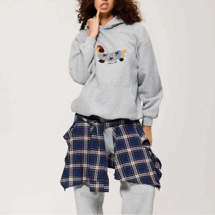 Women's embroidered dachshund hoodie in grey with relaxed oversized fit and kangaroo pocket