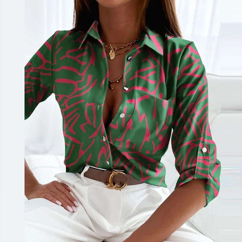 Full-length view of women's printed blouse showing relaxed fit and versatile styling options