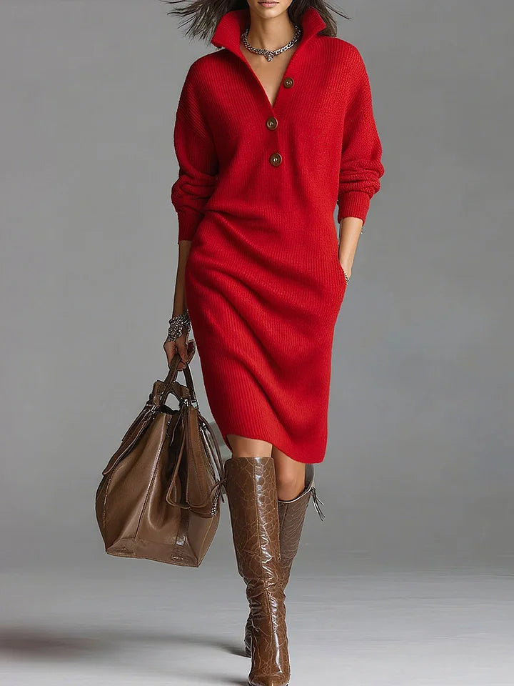 Full-length view of beige ribbed knit midi dress with long sleeves and structured collar detail