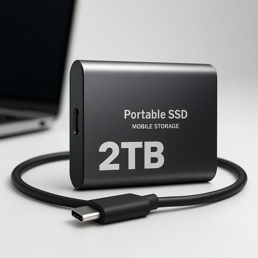 External SSD 2TB portable storage drive with USB-C cable on desk surface