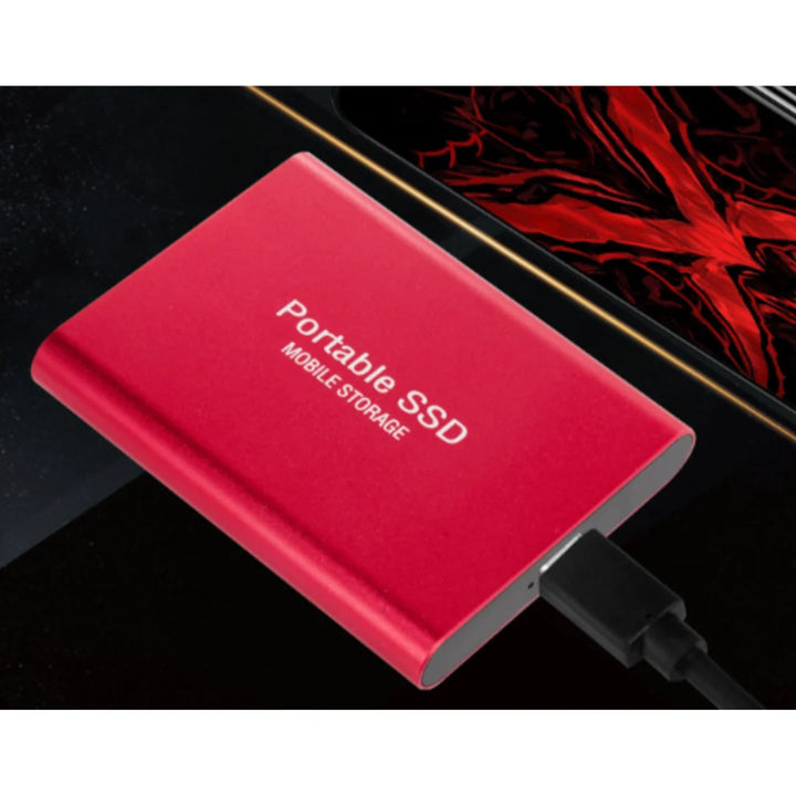 Compact aluminium external SSD showing USB-C port and storage capacity label