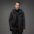 Men's black hooded parka jacket with detachable hood and zip fastening for winter