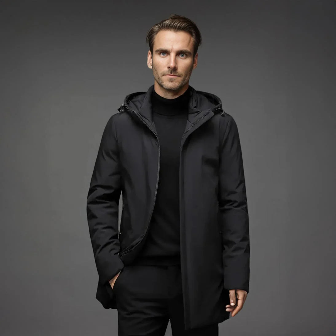 Men's black hooded parka jacket with detachable hood and zip fastening for winter