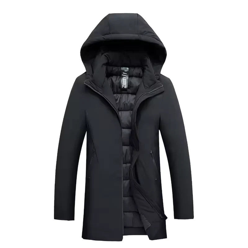 Full-length view of men's parka jacket showing relaxed fit and practical design