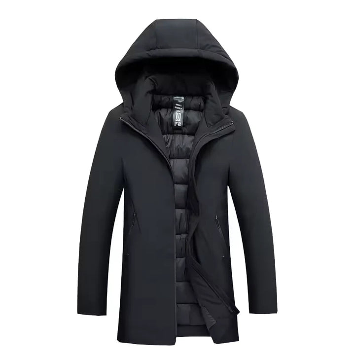 Full-length view of men's parka jacket showing relaxed fit and practical design