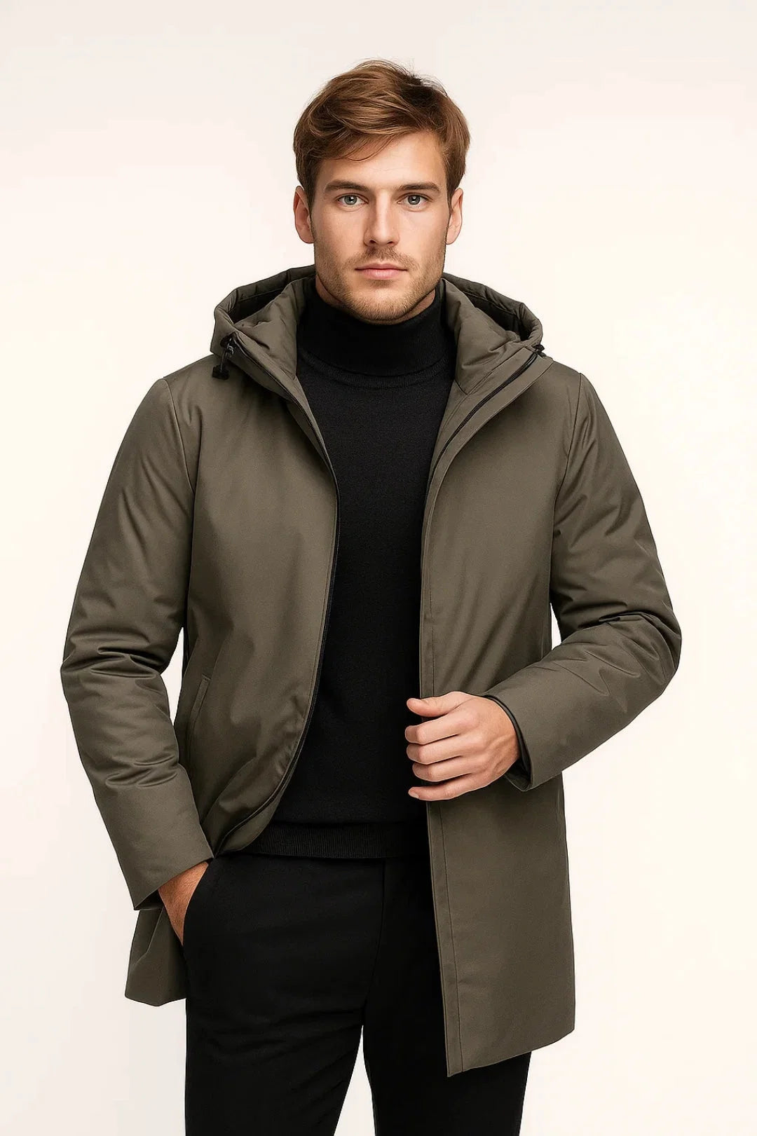 Men's hooded parka jacket in olive green with adjustable hood and relaxed fit for autumn layering