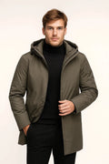 Men's hooded parka jacket in olive green with adjustable hood and relaxed fit for autumn layering