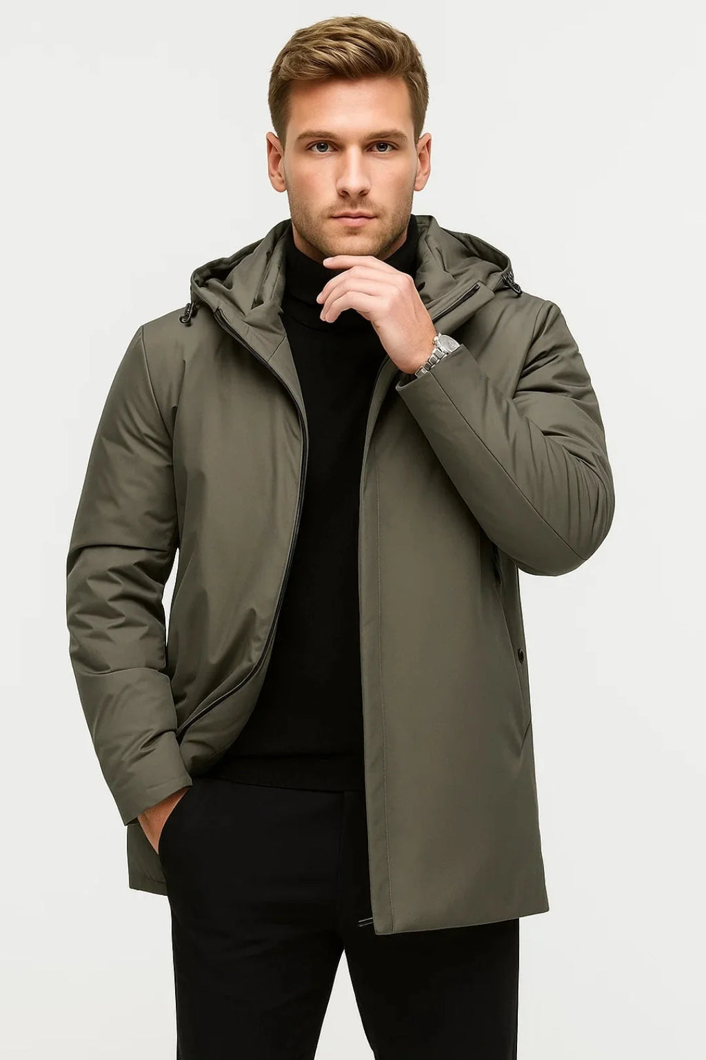 Front view of men's water-repellent parka jacket showing zip closure and mid-thigh length silhouette