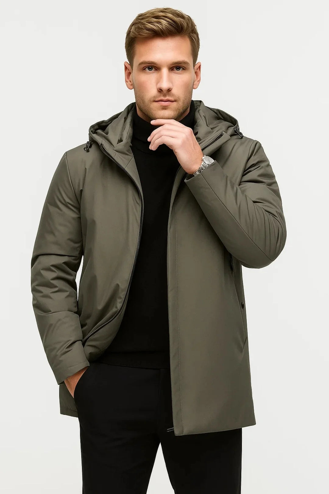 Front view of men's water-repellent parka jacket showing zip closure and mid-thigh length silhouette