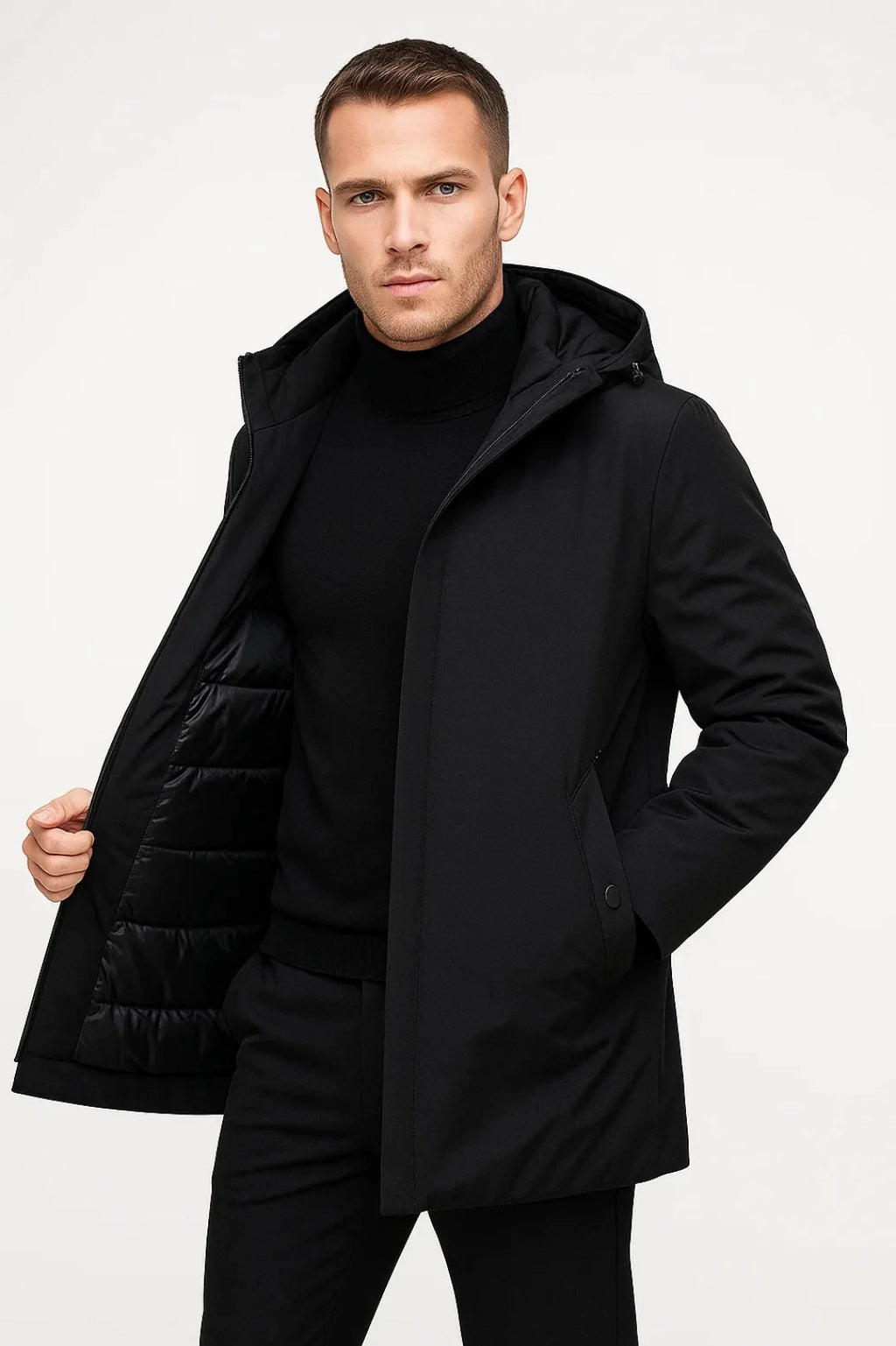 Detail of men's parka jacket featuring adjustable hood, side pockets, and insulated construction for cold weather