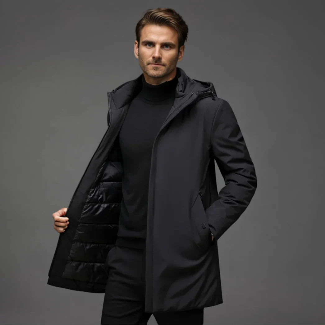 Front view of men's hooded parka jacket in black with relaxed fit