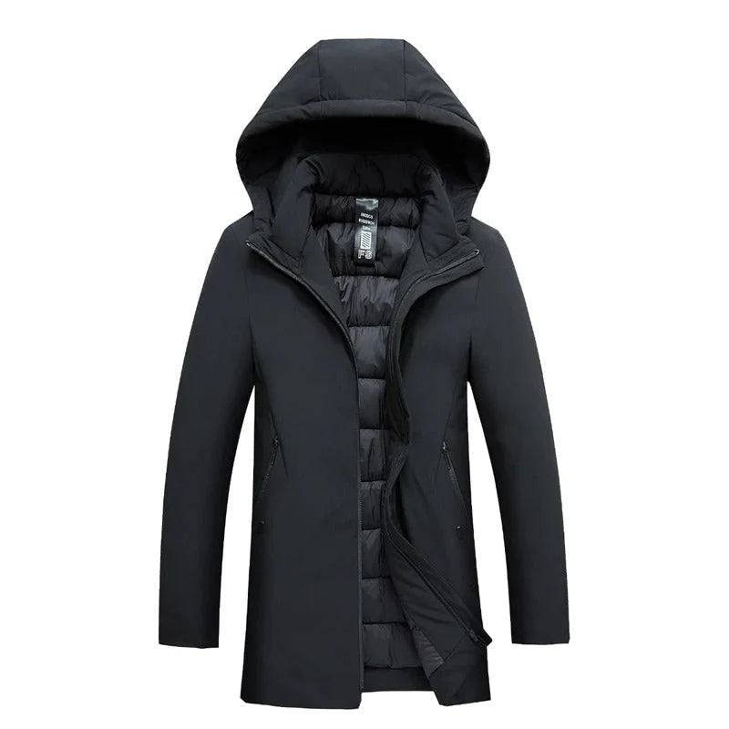 Side detail of men's parka jacket showing zip pockets and structured fabric
