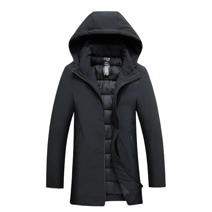 Side detail of men's parka jacket showing zip pockets and structured fabric