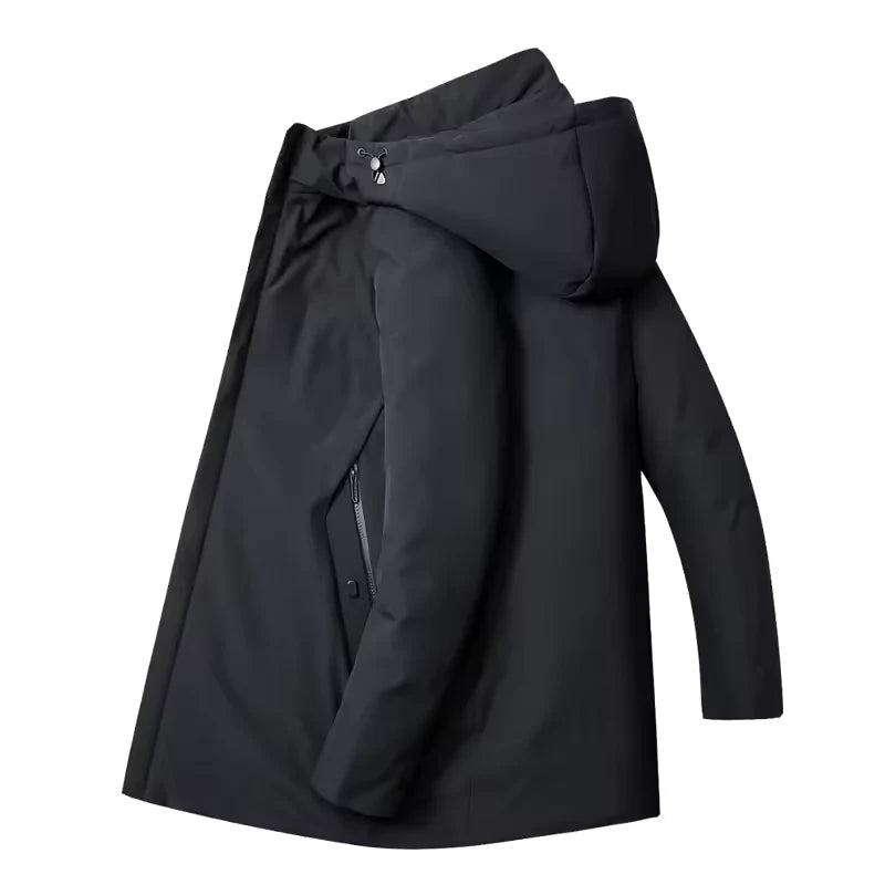 Close-up of detachable hood on men's hooded parka jacket with adjustable drawcord