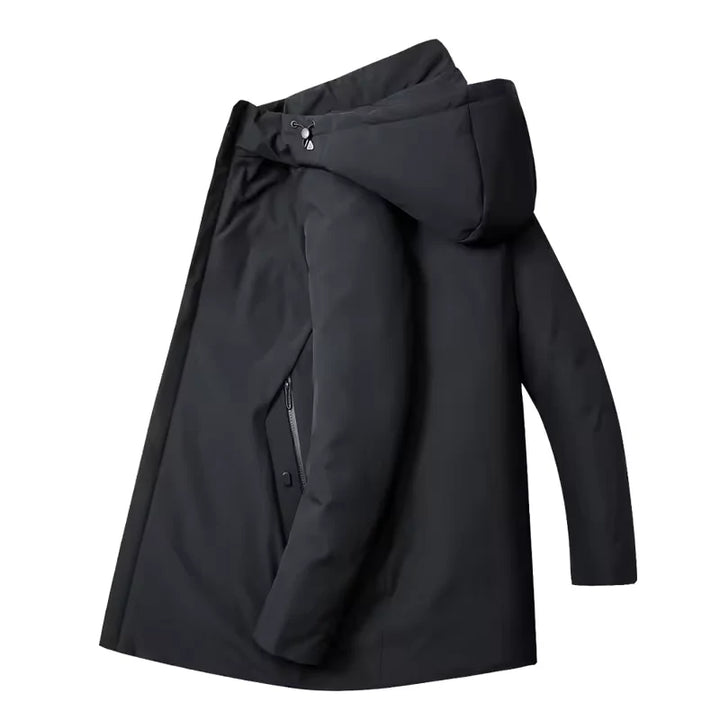 Close-up of detachable hood on men's hooded parka jacket with adjustable drawcord