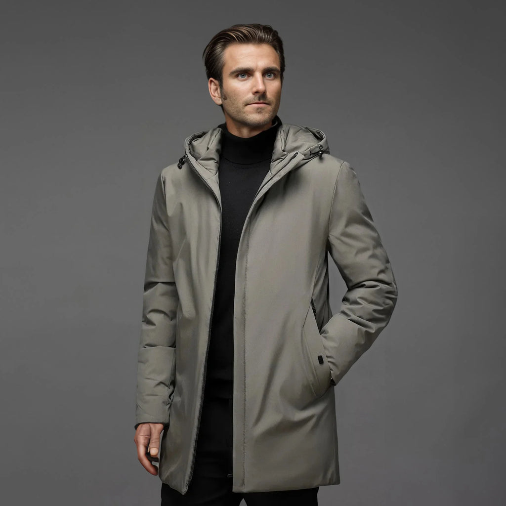 Back view of men's hooded parka jacket showing mid-thigh length silhouette