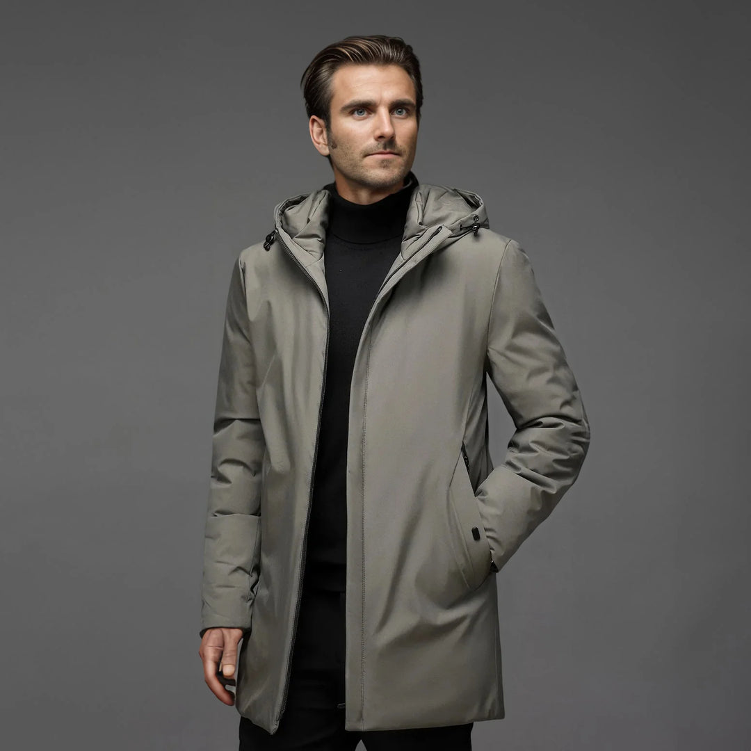 Back view of men's hooded parka jacket showing mid-thigh length silhouette