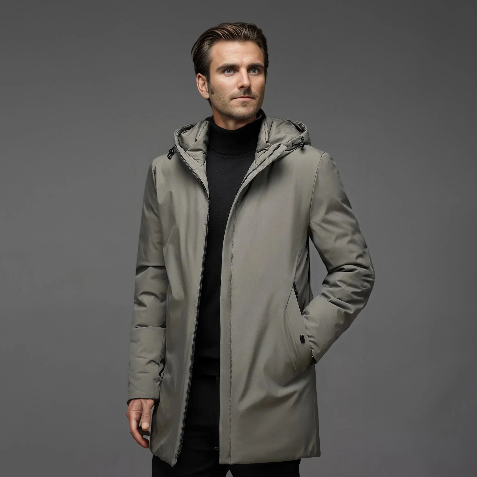 Back view of men's hooded parka jacket showing mid-thigh length silhouette