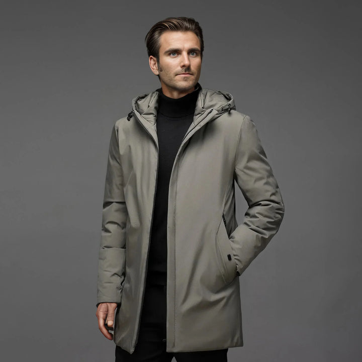 Back view of men's hooded parka jacket showing mid-thigh length silhouette