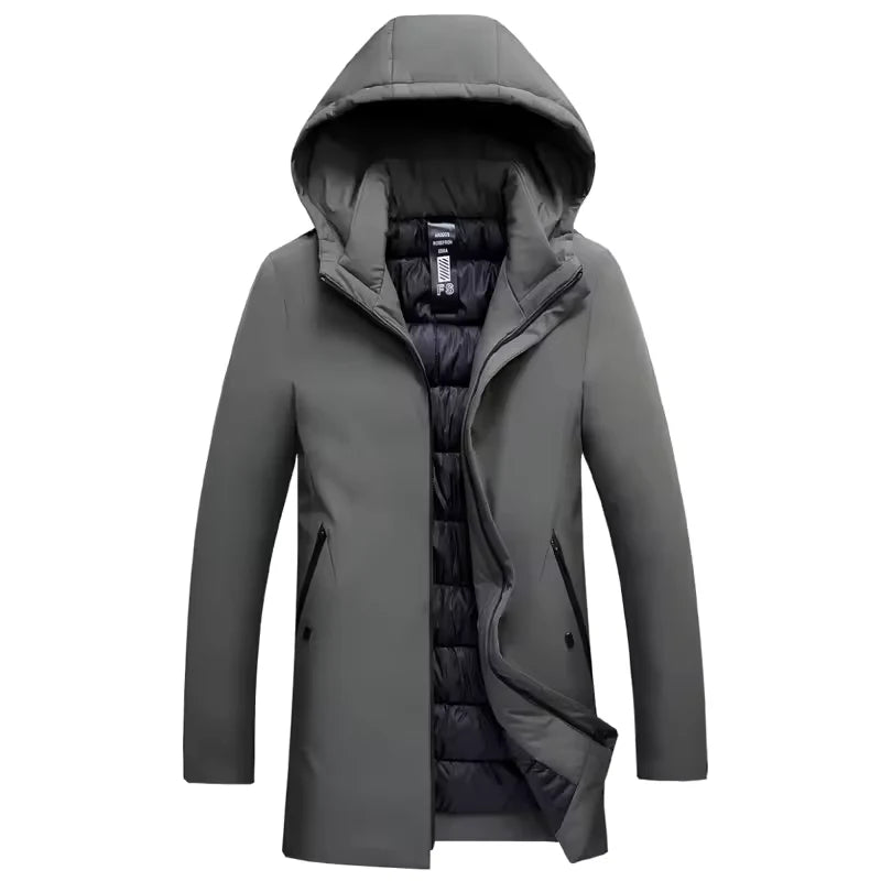 Men's parka jacket in beige colourway with hooded design and zip fastening