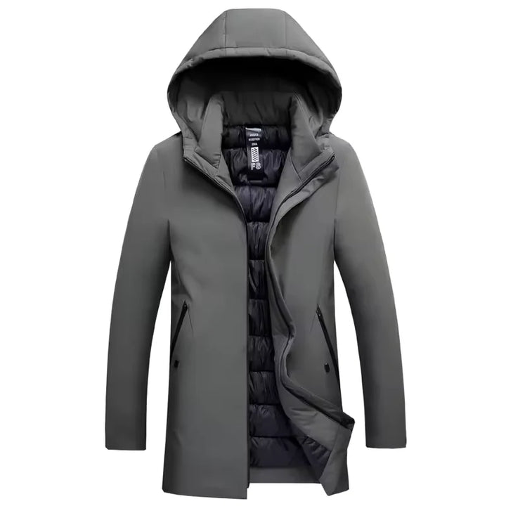Men's parka jacket in beige colourway with hooded design and zip fastening