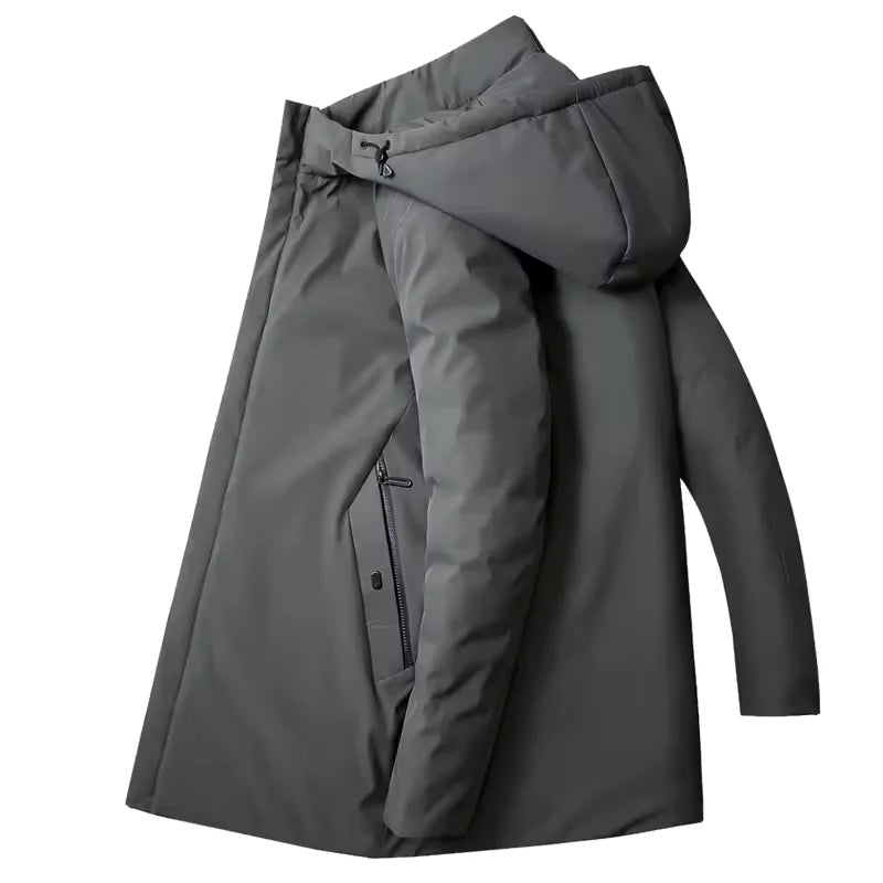 Men's hooded parka jacket layered over black knitwear for smart-casual styling