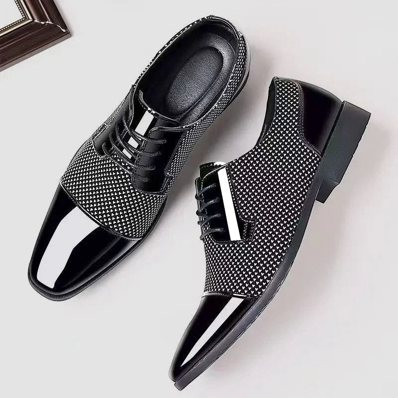 Classic Oxford dress shoes for men with patent leather finish and mesh texture accents