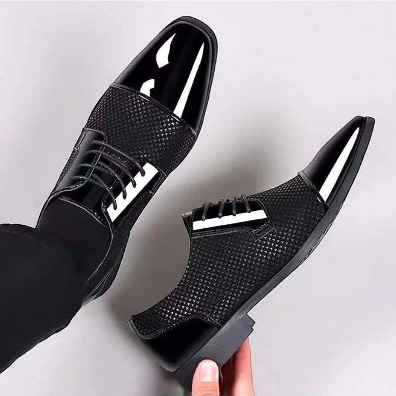 Men's formal footwear with patent leather toe cap and breathable mesh upper sections