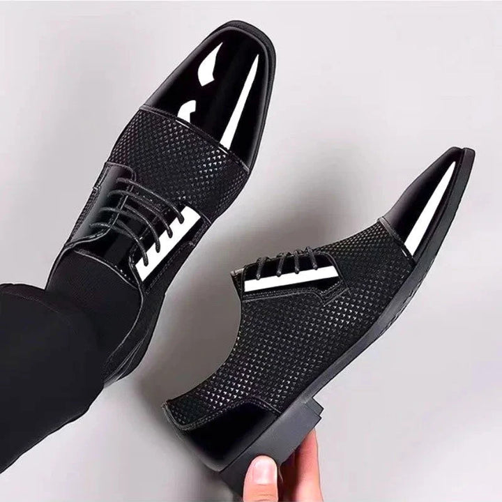 Men's formal footwear with patent leather toe cap and breathable mesh upper sections