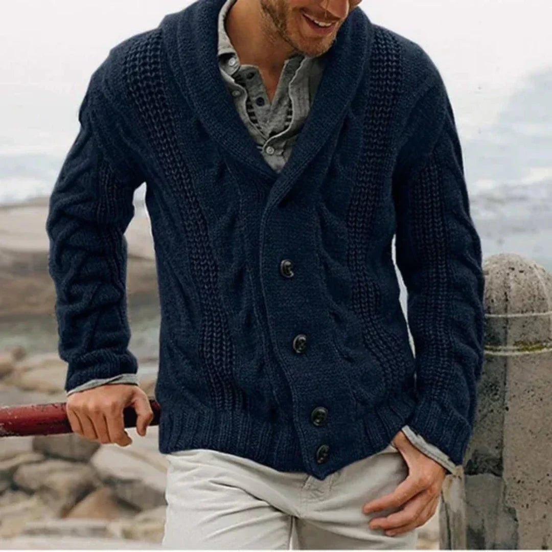 Men's shawl collar cable knit cardigan in navy with button-front closure and relaxed fit