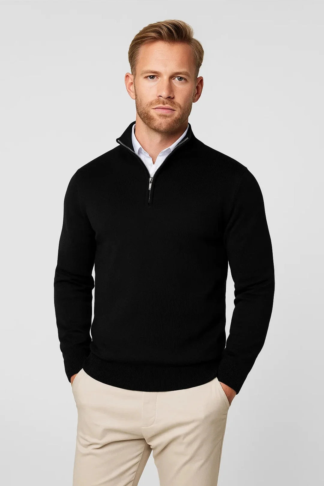 Men's half-zip jumper with stand collar and ribbed cuffs in structured knit fabric