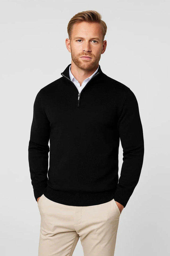 Men's half-zip jumper with stand collar and ribbed cuffs in structured knit fabric