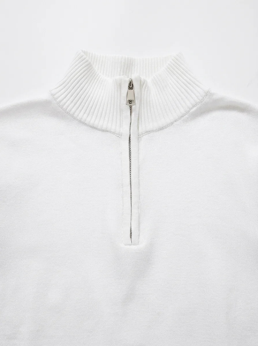 Close-up of men's half-zip jumper fabric showing structured knit texture and finish