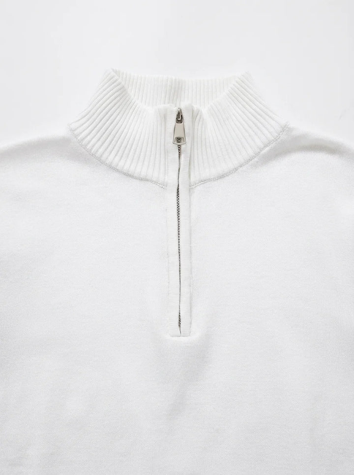 Close-up of men's half-zip jumper fabric showing structured knit texture and finish