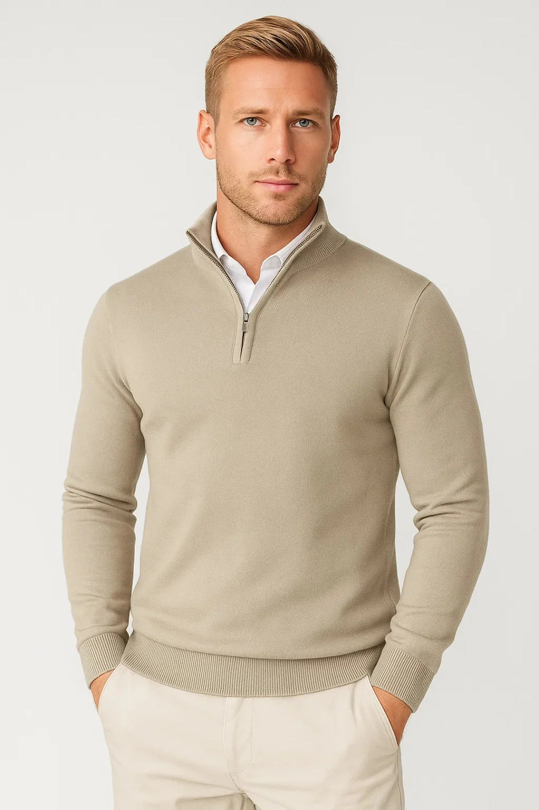 Close-up view of men's half-zip jumper showing stand collar and zip detail