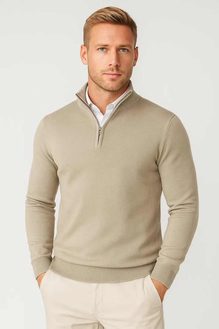 Close-up view of men's half-zip jumper showing stand collar and zip detail