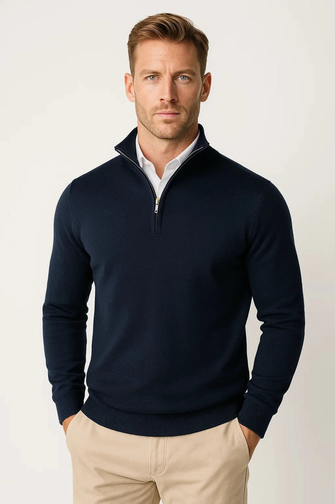 Side view of men's half-zip jumper displaying ribbed hem and cuff construction