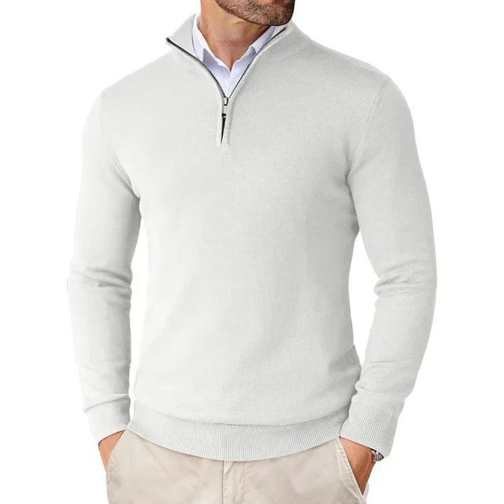 Back view of men's half-zip jumper showing smooth knit finish and tailored fit