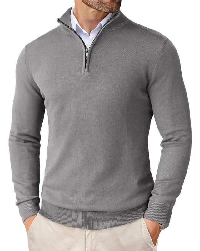 Men's half-zip jumper worn casually showing versatile styling for relaxed occasions